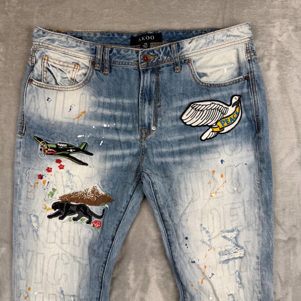 AKOO Mens Distressed Patchwork Jeans Light Wash Paint Splatter Denim Size 38 - Picture 7 of 16
